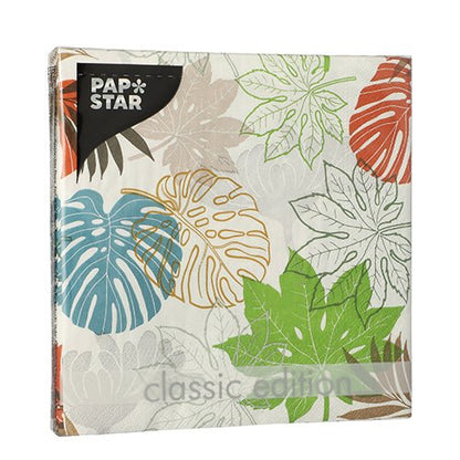 Una confezione di PAPSTAR GmbH 20 tovaglioli, 33x33 cm, 3 strati, piegati in 1/4, Set di design 1, tovaglioli con un motivo di foglie colorate su bianco.