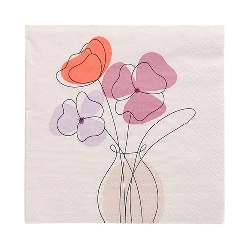 I PAPSTAR 20 tovaglioli, 33 cm x 33 cm, 3 strati di PAPSTAR GmbH mostrano un vaso con fiori astratti rossi e viola, contornati in nero, su uno sfondo chiaro.