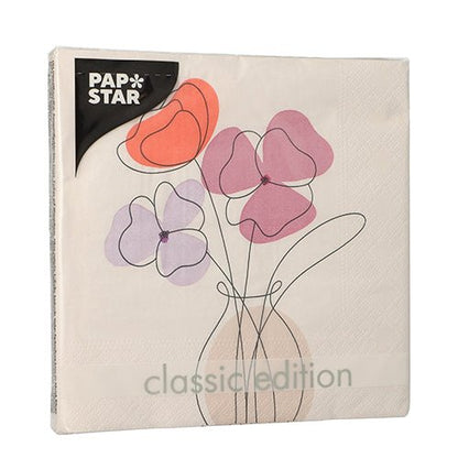 Una confezione di PAPSTAR 20 tovaglioli, 33x33 cm, 3 strati, piegati in 1/4 di PAPSTAR GmbH, Set 1 con il motivo di un vaso con fiori astratti rosa e arancioni sul davanti.