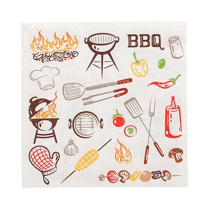 La PAPSTAR GmbH 20 tovaglioli, 33x33 cm, 3 strati, piegati in 1/4, Set di design 1 mostrano illustrazioni sul tema del barbecue come griglia, fiamme, cappello da cuoco, pinze, spiedini, verdure, salsa piccante, mais e il testo "BBQ" su sfondo bianco.