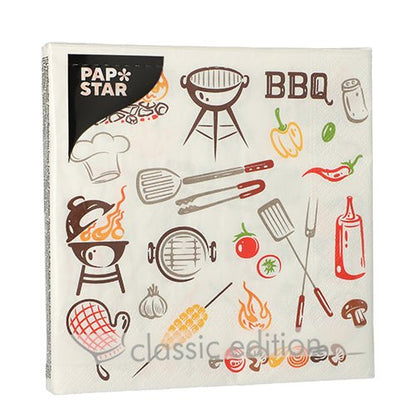 PAPSTAR 20 tovaglioli, 3 strati, 33x33cm, con motivi BBQ come griglia e cappello da cuoco. Logo "PAP STAR" nell'angolo, "classic edition" al bordo. Di PAPSTAR GmbH, Set di design 1.