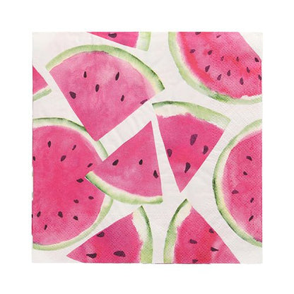 La PAPSTAR GmbH 20 tovaglioli, 33 cm x 33 cm, 3 strati, mostrano un motivo di anguria ad acquerello con polpa rosa e buccia verde su bianco. Durevoli ed eleganti - ideali per feste estive.
