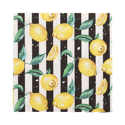 I PAPSTAR 20 tovaglioli, 33 cm x 33 cm, 3 veli della PAPSTAR GmbH mostrano un design a righe verticali in bianco e nero con limoni gialli, fette e foglie verdi sparse sulla superficie.