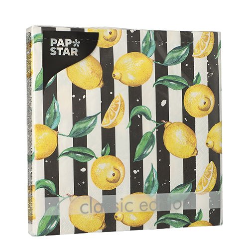 Un pacchetto da 20 PAPSTAR tovaglioli (33x33 cm, 3 veli, 1/4 piega) della PAPSTAR GmbH si distingue per il suo design a righe bianche e nere con limoni e foglie verdi per una durata elegante.
