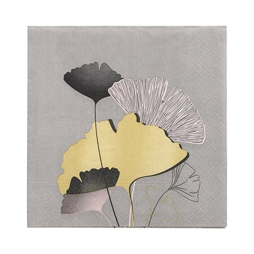 I PAPSTAR 20 tovaglioli (33x33 cm, 3 strati, 1/4 piega) di PAPSTAR GmbH presentano un design grigio con cinque foglie di ginkgo sovrapposte in nero, giallo e bianco al centro su uno sfondo sottilmente punteggiato.