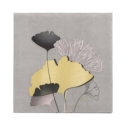 I PAPSTAR 20 tovaglioli (33x33 cm, 3 strati, 1/4 piega) di PAPSTAR GmbH presentano un design grigio con cinque foglie di ginkgo sovrapposte in nero, giallo e bianco al centro su uno sfondo sottilmente punteggiato.