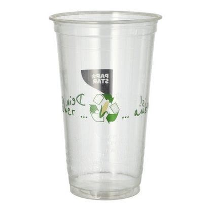 Il bicchiere 50 PLA "Bicchiere di mais" della PAPSTAR GmbH è in piedi su uno sfondo bianco e indica con simboli di riciclaggio e testo verde le sue caratteristiche ecologiche e biodegradabili.