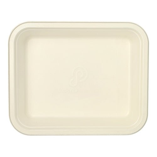 Contenitore Gastronorm GN 1/2 PAPSTAR visibile dall'alto, rettangolare, in canna da zucchero bianca con bordo rialzato e angoli arrotondati, logo centrale e rivestimento in PLA. Il vassoio ecologico è vuoto.