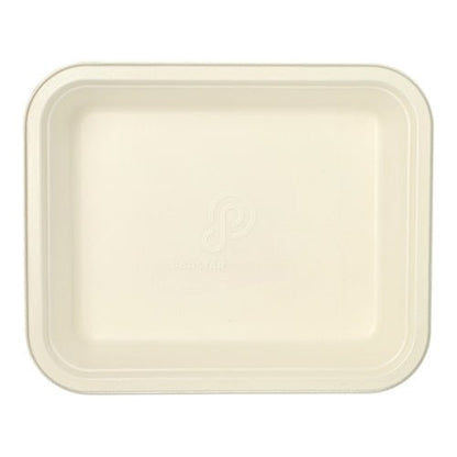 Contenitore Gastronorm GN 1/2 PAPSTAR visibile dall'alto, rettangolare, in canna da zucchero bianca con bordo rialzato e angoli arrotondati, logo centrale e rivestimento in PLA. Il vassoio ecologico è vuoto.