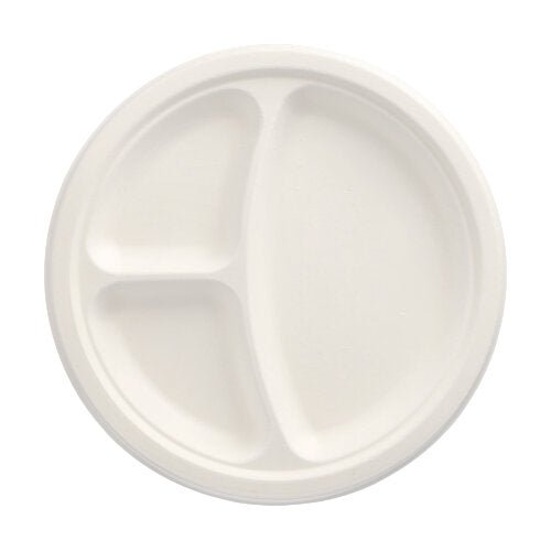 Il piatto rotondo e bianco PAPSTAR 50 piatti di canna da zucchero "pure" di PAPSTAR GmbH ha tre scomparti di dimensioni diverse - sostenibile e pratico per ogni occasione, visto dall'alto su sfondo neutro.