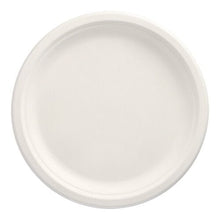 Un semplice, rotondo, bianco PAPSTAR 50 piattini di zucchero di canna “puro” della PAPSTAR La GmbH è ripresa dall'alto su uno sfondo bianco. Il piatto monouso ecologico presenta un bordo leggermente rialzato e non presenta decorazioni né scritte.