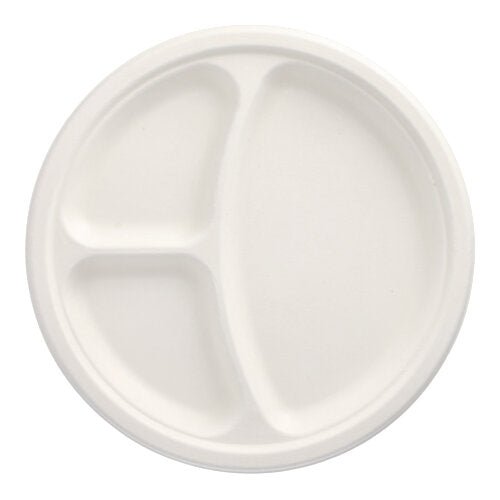Un piatto rotondo usa e getta PAPSTAR 50 piatti, canna da zucchero "pure" bianco di PAPSTAR GmbH, con tre scomparti (uno grande, due piccoli), sostenibile e biodegradabile - fotografato vuoto dall'alto su sfondo bianco.