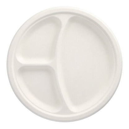 Un piatto rotondo usa e getta PAPSTAR 50 piatti, canna da zucchero "pure" bianco di PAPSTAR GmbH, con tre scomparti (uno grande, due piccoli), sostenibile e biodegradabile - fotografato vuoto dall'alto su sfondo bianco.