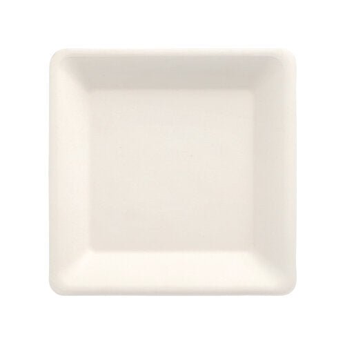 Un piatto quadrato bianco "pure" della PAPSTAR GmbH in zucchero di canna ecologico, biodegradabile, dal set da 12, fotografato dall'alto su sfondo bianco.