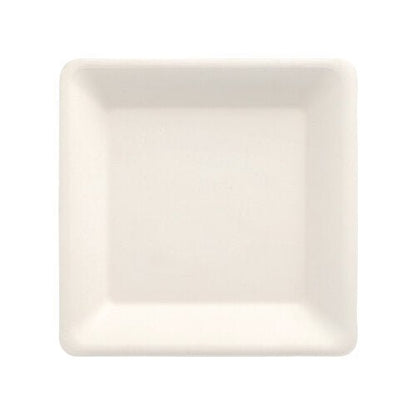 Un piatto quadrato bianco "pure" della PAPSTAR GmbH in zucchero di canna ecologico, biodegradabile, dal set da 12, fotografato dall'alto su sfondo bianco.