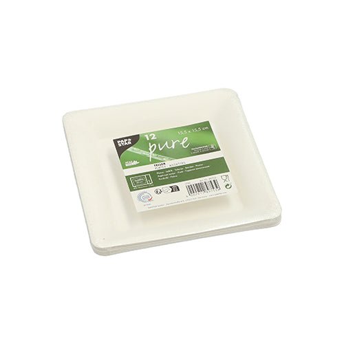 Una pila di 12 piatti quadrati bianchi di zucchero di canna PAPSTAR ("pure") con etichetta verde, simboli di riciclaggio e indicazioni sulla biodegradabilità; realizzati in materiale ecologico.