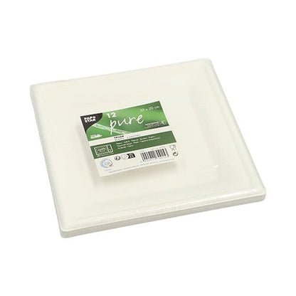 Una pila di PAPSTAR 12 piatti "pure" quadrati in zucchero di canna è confezionata in plastica, con un'etichetta verde-bianca con informazioni sul prodotto e marchio della PAPSTAR GmbH. I piatti bianchi sono biodegradabili ed ecologici.
