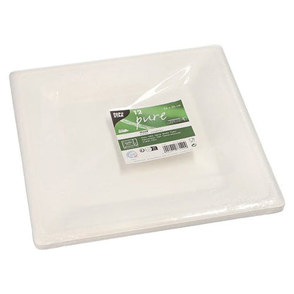 Una confezione di 12 piatti quadrati bianchi monouso di PAPSTAR "pure" in zucchero di canna ecologico è avvolta in plastica trasparente e presenta un'etichetta verde-bianca della PAPSTAR GmbH con dettagli del prodotto.