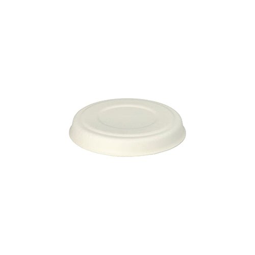 Un semplice coperchio rotondo bianco monouso in canna da zucchero ecologica della PAPSTAR GmbH, visto dall'alto. Prodotto: PAPSTAR 50 coperchi per ciotole da condimento in canna da zucchero "pure" bianco.