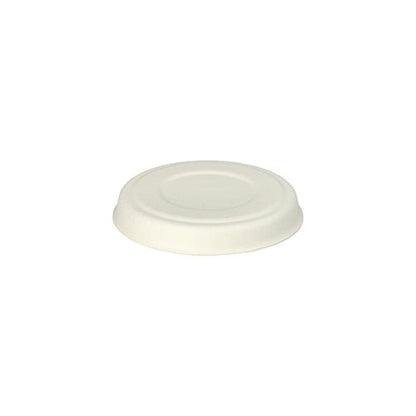 Un semplice coperchio rotondo bianco monouso in canna da zucchero ecologica della PAPSTAR GmbH, visto dall'alto. Prodotto: PAPSTAR 50 coperchi per ciotole da condimento in canna da zucchero "pure" bianco.