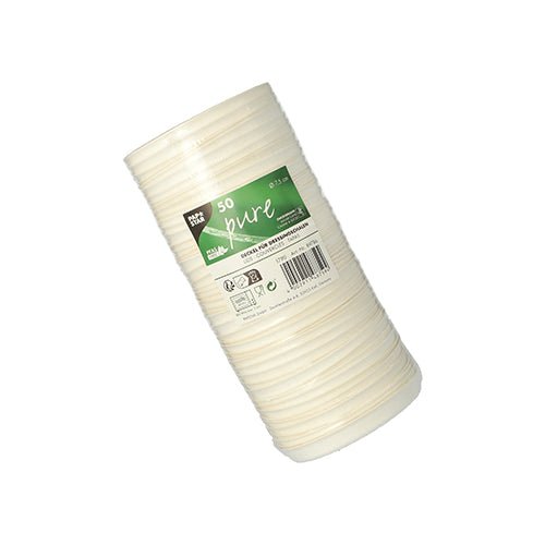 Una pila di 50 coperchi bianchi "pure" PAPSTAR per ciotole da condimento in canna da zucchero della PAPSTAR GmbH, in un imballaggio di plastica con etichetta verde-bianca con informazioni sul prodotto e simboli di riciclaggio.