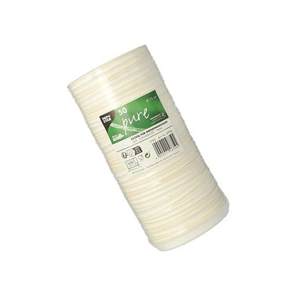Una pila di 50 coperchi bianchi "pure" PAPSTAR per ciotole da condimento in canna da zucchero della PAPSTAR GmbH, in un imballaggio di plastica con etichetta verde-bianca con informazioni sul prodotto e simboli di riciclaggio.