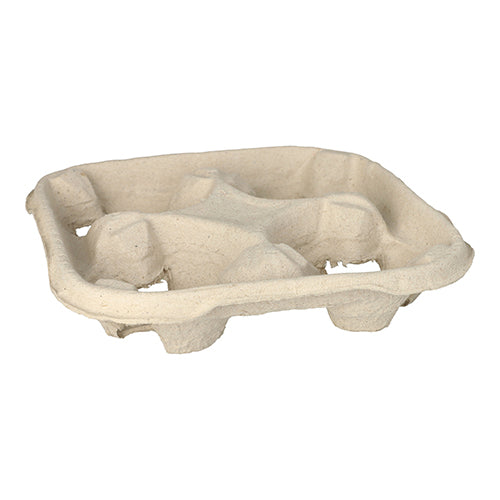 Ein PAPSTAR GmbH Tragetablett "To Go" aus naturfarbener Pappe (4,7x22,4 cm) für Becher, mit vier Mulden, auf weißem Hintergrund leicht schräg dargestellt (110 Stück pro Packung).