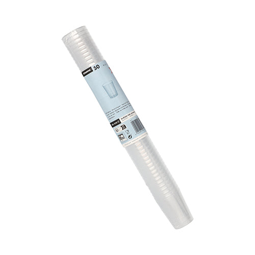 Una pila di 50 bicchieri riutilizzabili Starpak trasparenti e infrangibili per liquori in PP, confezionati in forma cilindrica con un'etichetta blu-bianca intorno al centro.