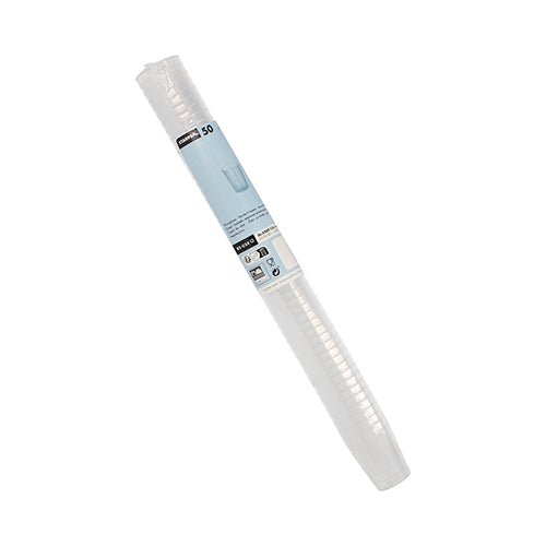 Un rotolo di 50 bicchieri riutilizzabili Starpak per liquori in polipropilene (PP) infrangibile è dotato di confezione trasparente con etichetta, nome del marchio e una piccola illustrazione di un bicchiere.