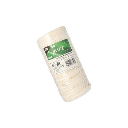 Una confezione di 50 coperchi bianchi "pure" PAPSTAR per ciotole da condimento in canna da zucchero sostenibile. I coperchi sono impilati e confezionati in pellicola trasparente con etichetta verde-bianca. Marca: PAPSTAR GmbH.