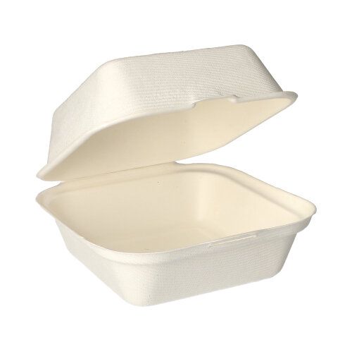 Le PAPSTAR scatole per hamburger in canna da zucchero "pure" (8x14x15 cm, bianco) della PAPSTAR GmbH sono contenitori rettangolari bianchi per asporto con coperchio a cerniera in canna da zucchero compostabile, perfetti per pasti ecologici. Confezione da 25 pezzi.