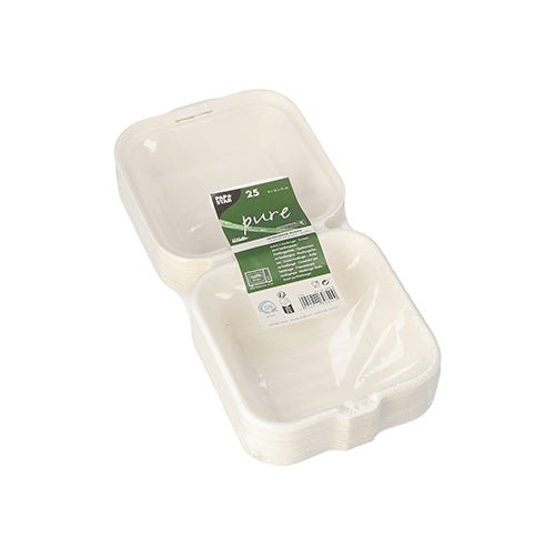 Una confezione di 25 scatole per hamburger bianche PAPSTAR in canna da zucchero (8x14x15 cm) è sigillata in pellicola termoretraibile con imballaggio ecologico. La parte anteriore mostra un'etichetta verde con informazioni sul prodotto e icone.
