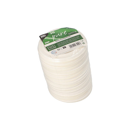 Una pila di 50 coperchi bianchi "puri" in canna da zucchero per bicchieri da zuppa di PAPSTAR GmbH, avvolta in pellicola con dettagli del prodotto e simboli di riciclaggio.