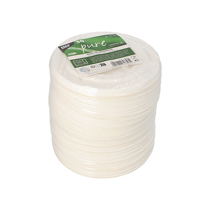 Una pila di coperchi bianchi PAPSTAR 50 per bicchieri da zuppa in canna da zucchero ecologica "pure" è confezionata in pellicola trasparente con etichetta verde. Progettati da PAPSTAR GmbH, questi coperchi sono il complemento perfetto per i bicchieri da zuppa ecologici.