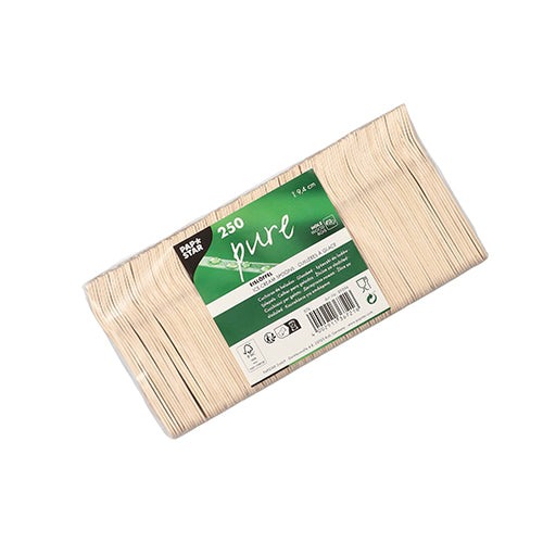 Eine 250er-Packung PAPSTAR GmbH Eislöffel Holz "pure", 9,4 cm, umweltfreundlich und stabil, kommt in grün-weißer Folienverpackung und ist auf weißem Hintergrund abgebildet.