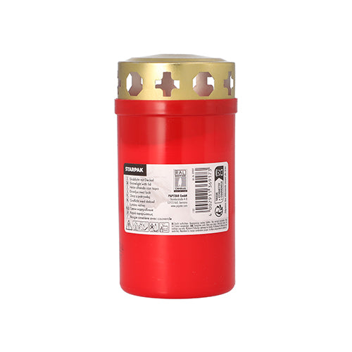 Una candela cimiteriale Starpak con coperchio dorato Ø 6,4 cm · 12,5 cm con involucro di Starpak è in piedi su una semplice base bianca, con coperchio dorato ed etichetta del prodotto. Ideale per il cimitero.