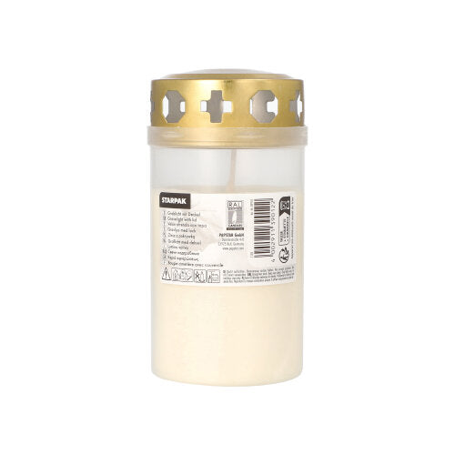La candela cimiteriale Starpak con coperchio dorato Ø 6,4 cm · 12,5 cm con involucro è una candela bianca in un contenitore traslucido con aperture a forma di croce nel coperchio dorato, etichettata con informazioni sul prodotto – ideale per l'uso al cimitero.