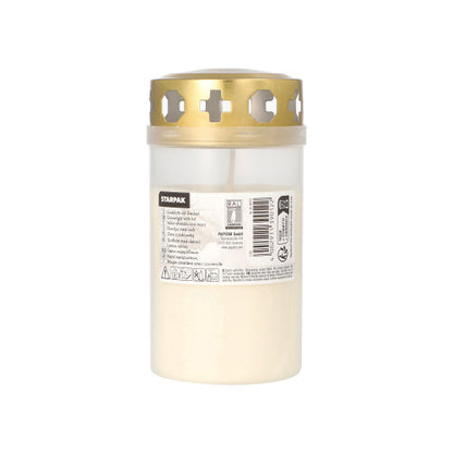 La candela cimiteriale Starpak con coperchio dorato Ø 6,4 cm · 12,5 cm con involucro è una candela bianca in un contenitore traslucido con aperture a forma di croce nel coperchio dorato, etichettata con informazioni sul prodotto – ideale per l'uso al cimitero.