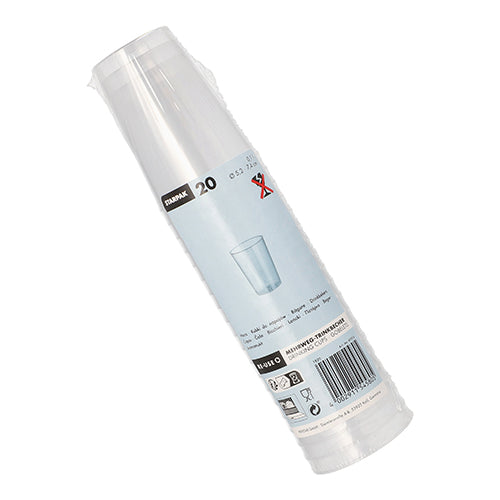 Una confezione di plastica contenente 20 bicchieri riutilizzabili Starpak, PP, 0,1 l, Ø5,2 cm × 7,4 cm, traslucidi e infrangibili, con un'etichetta con dettagli del prodotto, illustrazione delle tazze, codici a barre e simboli di riciclaggio.