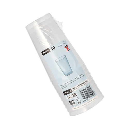 Eine Packung mit zehn Starpak 10 Mehrweg-Trinkbecher PP durchscheinenden, unzerbrechlichen Bechern in Plastikfolie mit der Marke Starpak, einem Becherbild, Produktinformationen, Recyclingsymbolen und einem Barcode.