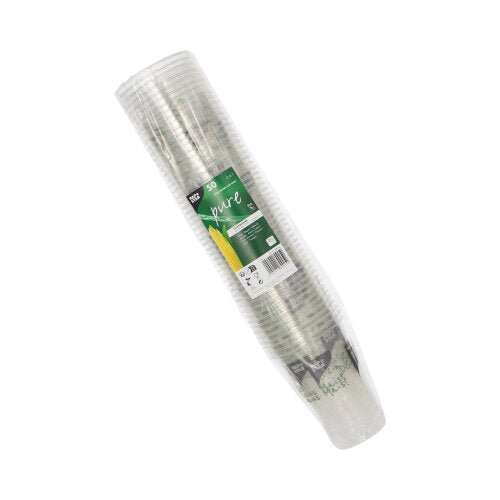 Una pila di PAPSTAR 50 bicchieri PLA "Bicchiere di mais" della PAPSTAR GmbH, avvolti in plastica con un'etichetta verde con la scritta "50 Bicchieri", un'immagine di mais e un testo che evidenzia questi bicchieri ecologici.
