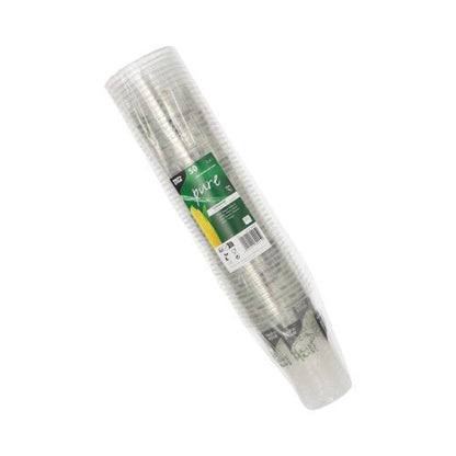 Una pila di PAPSTAR 50 bicchieri PLA "Bicchiere di mais" della PAPSTAR GmbH, avvolti in plastica con un'etichetta verde con la scritta "50 Bicchieri", un'immagine di mais e un testo che evidenzia questi bicchieri ecologici.