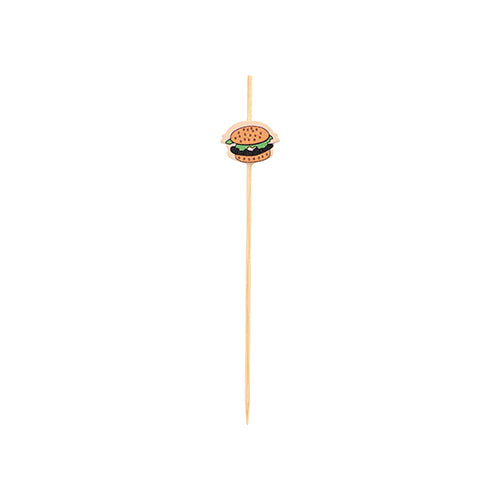 Il PAPSTAR 100 Fingerfood - Picker della PAPSTAR GmbH è uno spiedino di bambù, decorato con un piccolo hamburger decorativo, raffigurato su uno sfondo bianco semplice.