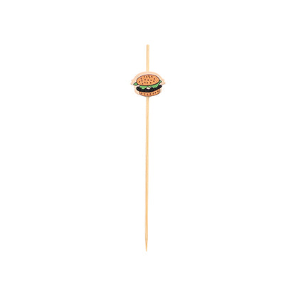 Il PAPSTAR 100 Fingerfood - Picker della PAPSTAR GmbH è uno spiedino di bambù, decorato con un piccolo hamburger decorativo, raffigurato su uno sfondo bianco semplice.