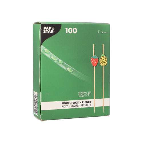 Una scatola verde con la scritta "PAPSTAR 100 Fingerfood - Picker" della PAPSTAR GmbH contiene 100 stuzzicadenti con una lunghezza di 12 cm ciascuno. Sulla scatola ci sono due frutti e informazioni sul prodotto in più lingue.