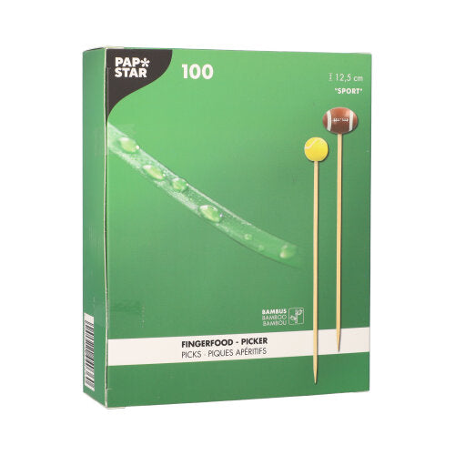 Una scatola verde PAPSTAR GmbH con 100 Fingerfood-Picker, ciascuno di 12,5 cm, con design in bambù e piedi e palloni da calcio.