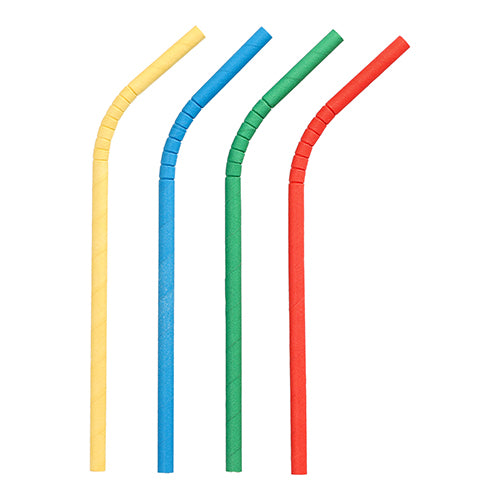 Quattro cannucce di carta flessibili PAPSTAR Shake-Halme (Ø 8 mm, 25 cm) nei colori giallo, blu, verde e rosso della PAPSTAR GmbH sono disposte verticalmente su sfondo bianco.