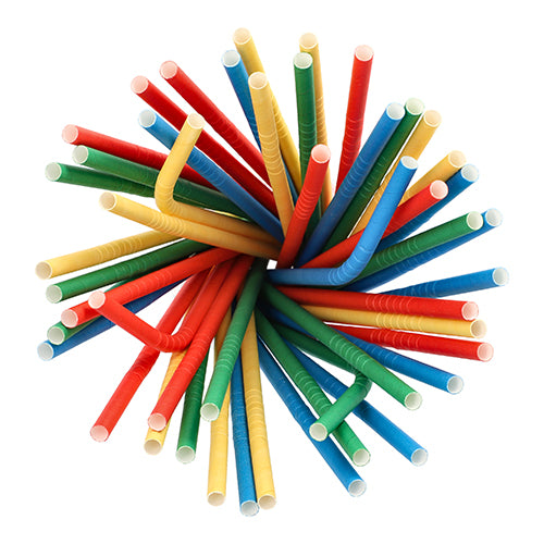 Una vista dall'alto di cannucce di carta colorate PAPSTAR Shake-Halme (Ø 8 mm, 25 cm, assortite per colore, flessibili, 100 pezzi) della PAPSTAR GmbH, disposte in un fascio circolare con cannucce ecologiche rosse, blu, verdi e gialle aperte su sfondo bianco.