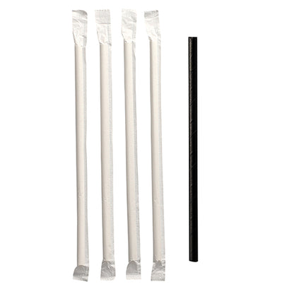 Quattro cannucce di carta bianche PAPSTAR confezionate singolarmente (Ø 6 mm) sono accanto a una cannuccia nera sostenibile non confezionata del marchio PAPSTAR GmbH su sfondo bianco.