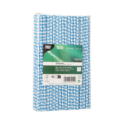 PAPSTAR 100 cannucce di carta (Ø 6 mm) di PAPSTAR GmbH, in confezione di plastica con etichetta visibile - cannucce ecologiche, sostenibili blu e bianche.